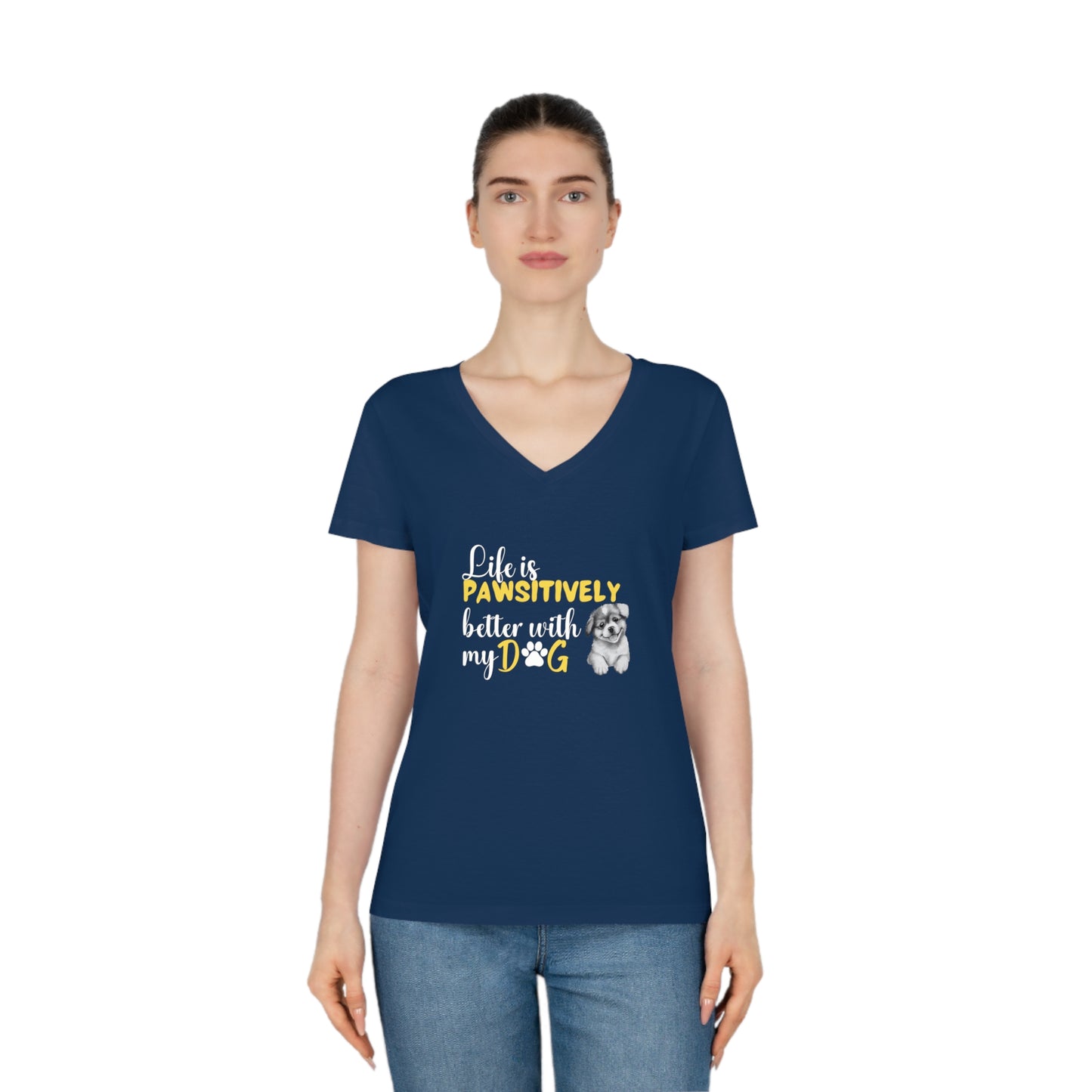 La vie est meilleure avec mon chien | T-shirt col V femme en coton biologique