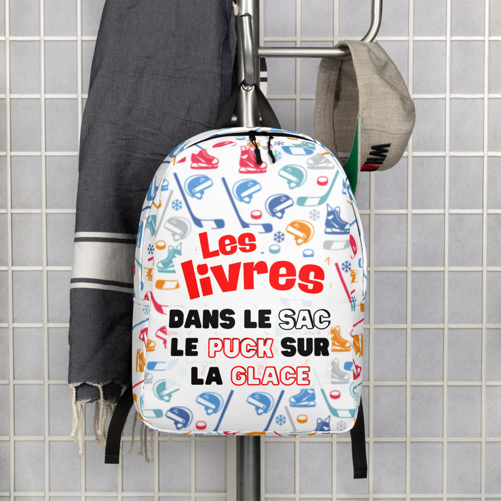 Backpack with hockey-themed design and text on a tiled wall background