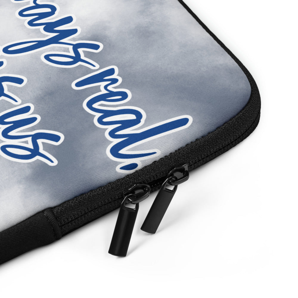 Gray pouch with blue and white text on a white background