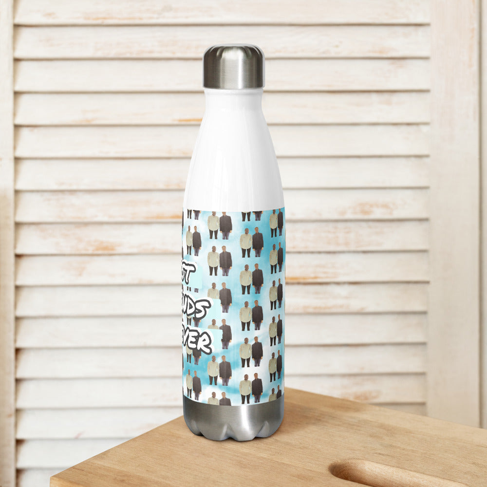 White water bottle with a patterned label on a wooden surface with a light wooden panel background