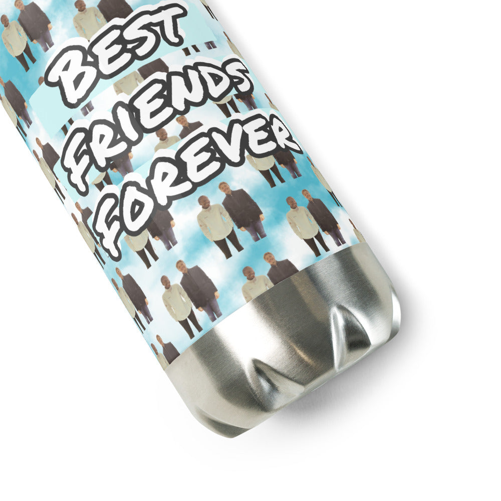 Metal tumbler with 'Best Friends Forever' text and small illustrations on a light blue background.
