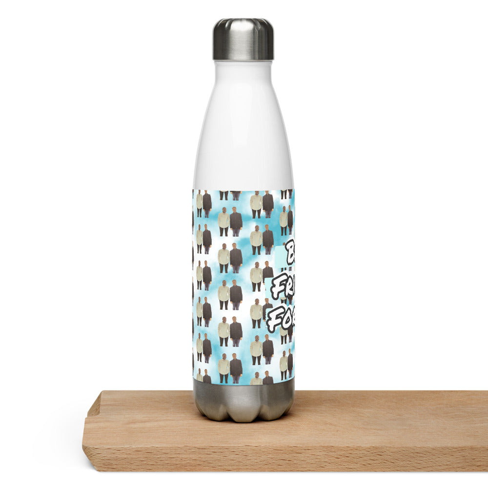 White water bottle with a pattern of people and text on a white background