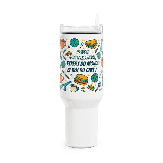 White tumbler with colorful graphics and text on a white background