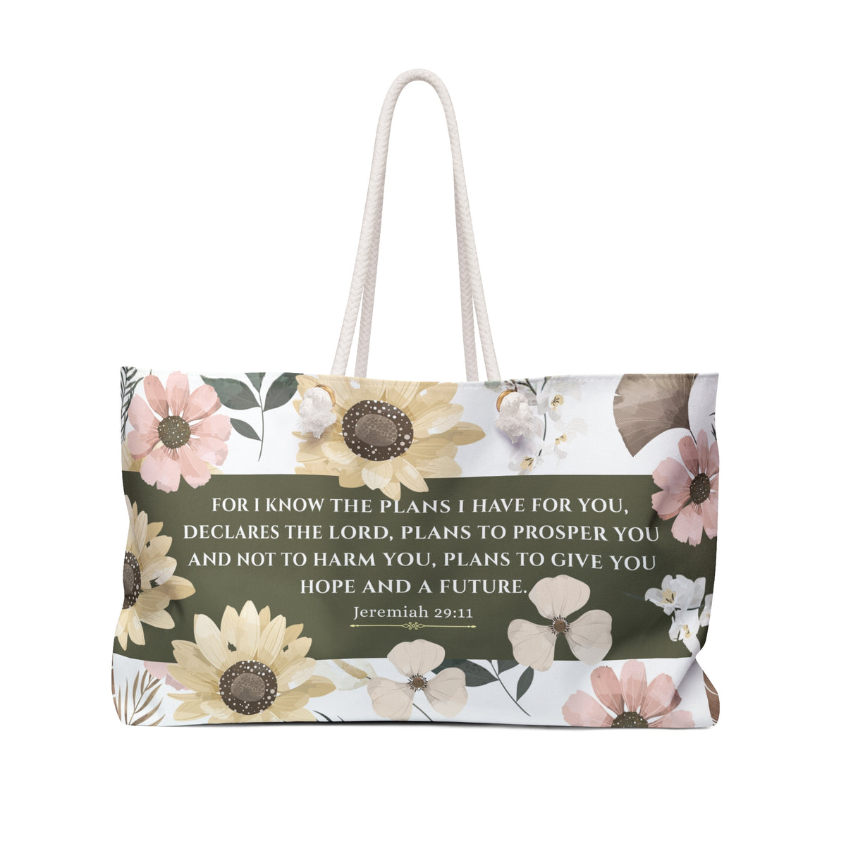 Floral-patterned bag with inspirational quote on a white background
