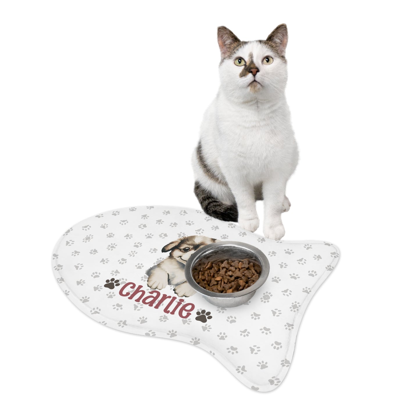 Nom de l'animal - Charlie | Tapis d'alimentation personnalisés pour animaux de compagnie pour des repas propres et amusants