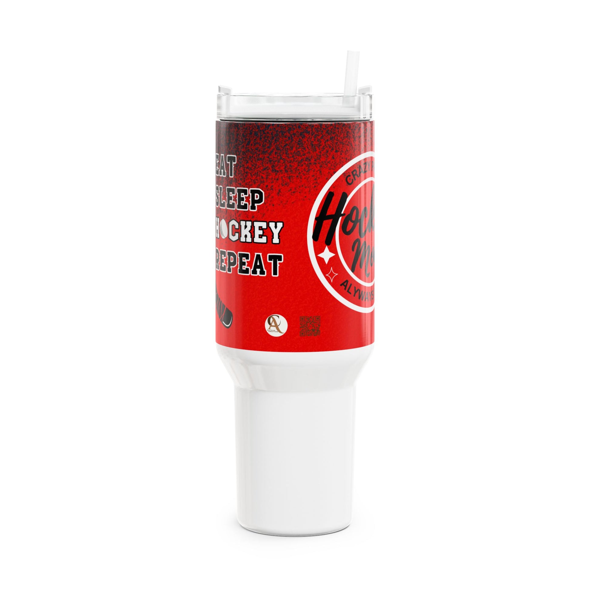 White tumbler with red label featuring text and a logo on a white background