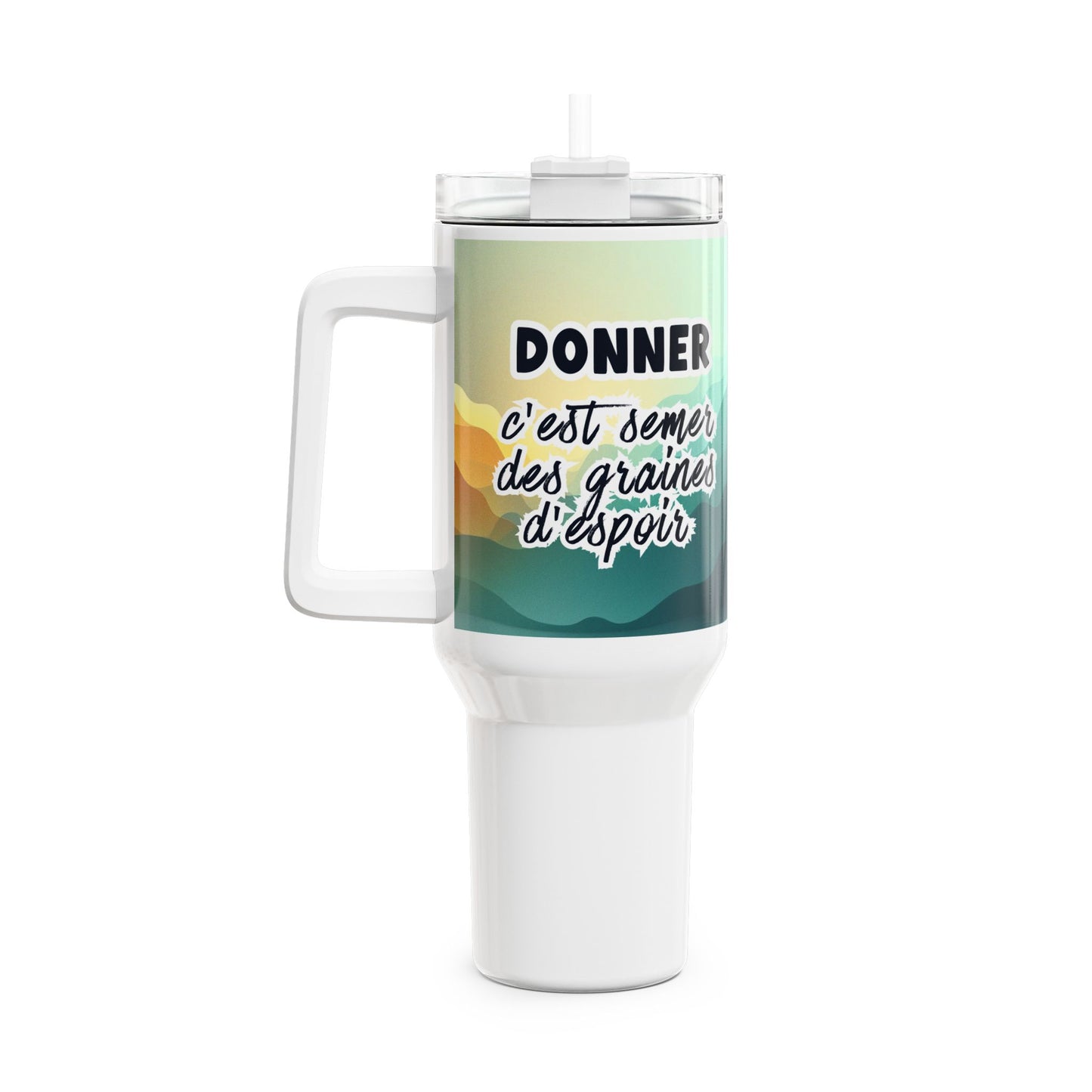 White travel mug with colorful design and text on a white background