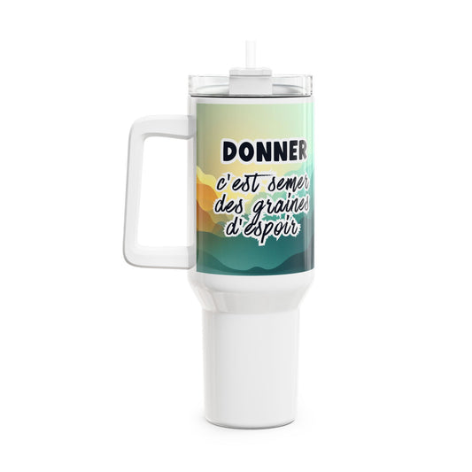 White travel mug with colorful design and text on a white background