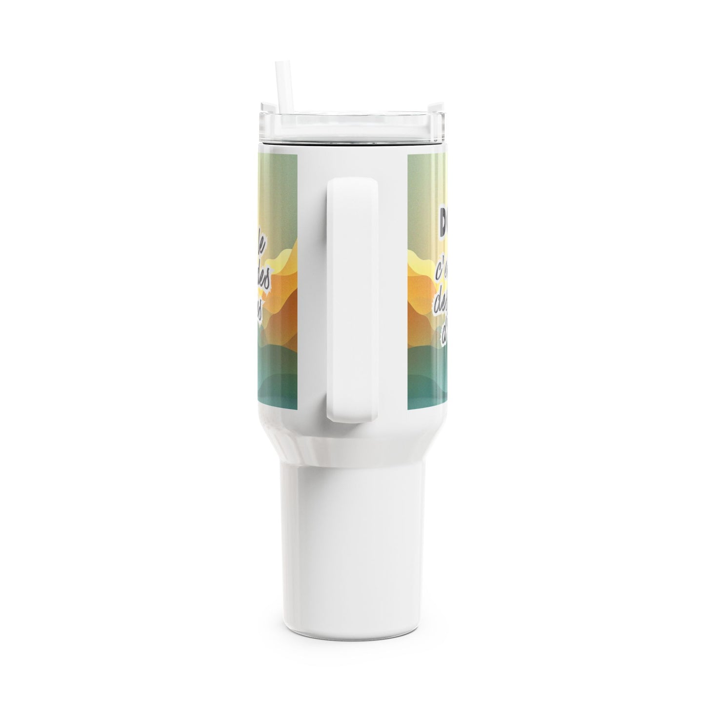 White tumbler with a colorful design on a white background
