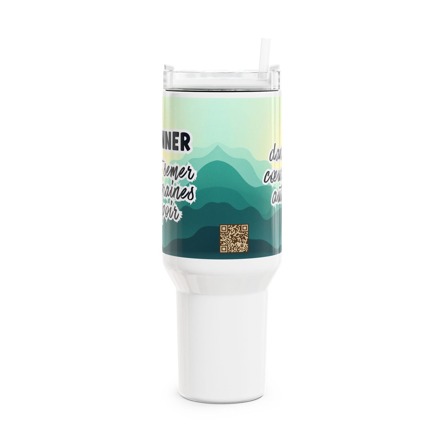 Tumbler with a scenic design and text on a white background