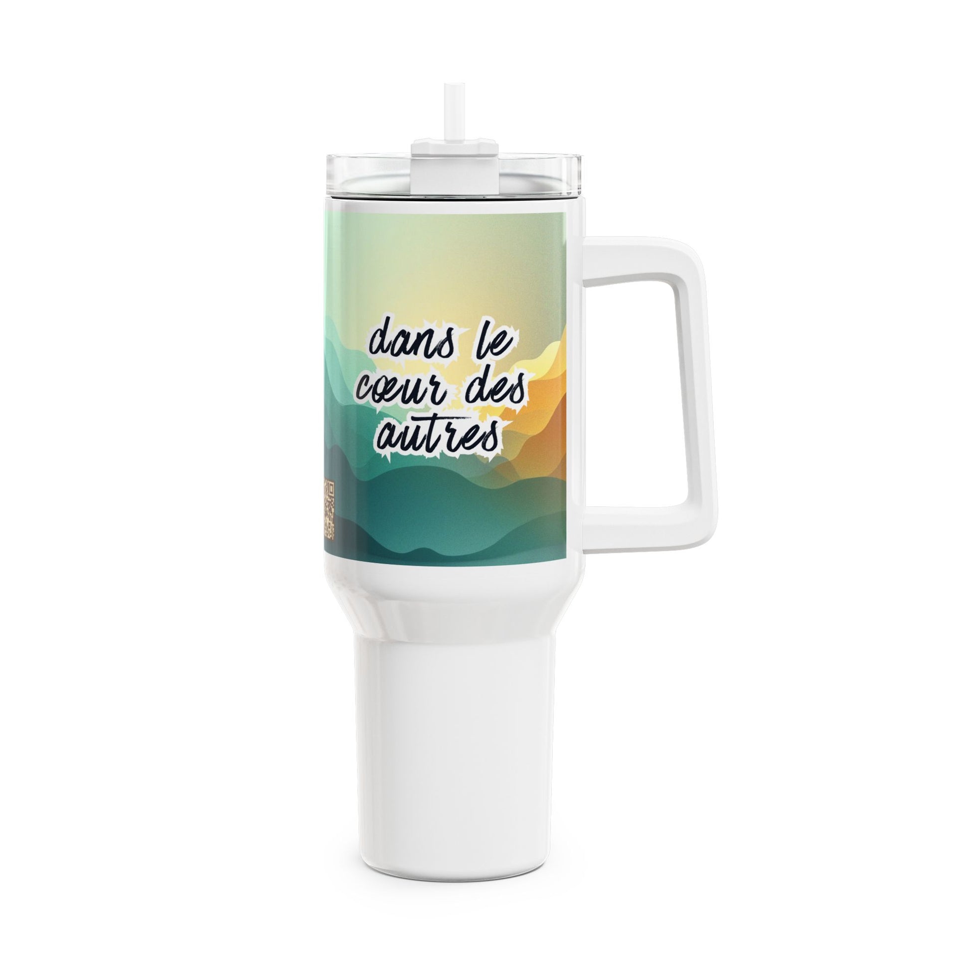 Travel mug with gradient design and text on a white background