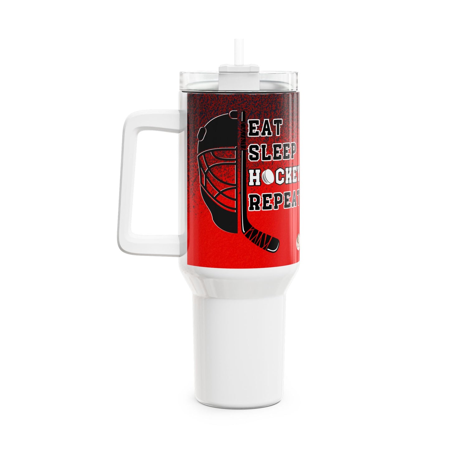 White tumbler with red accent featuring a hockey design and text on a white background