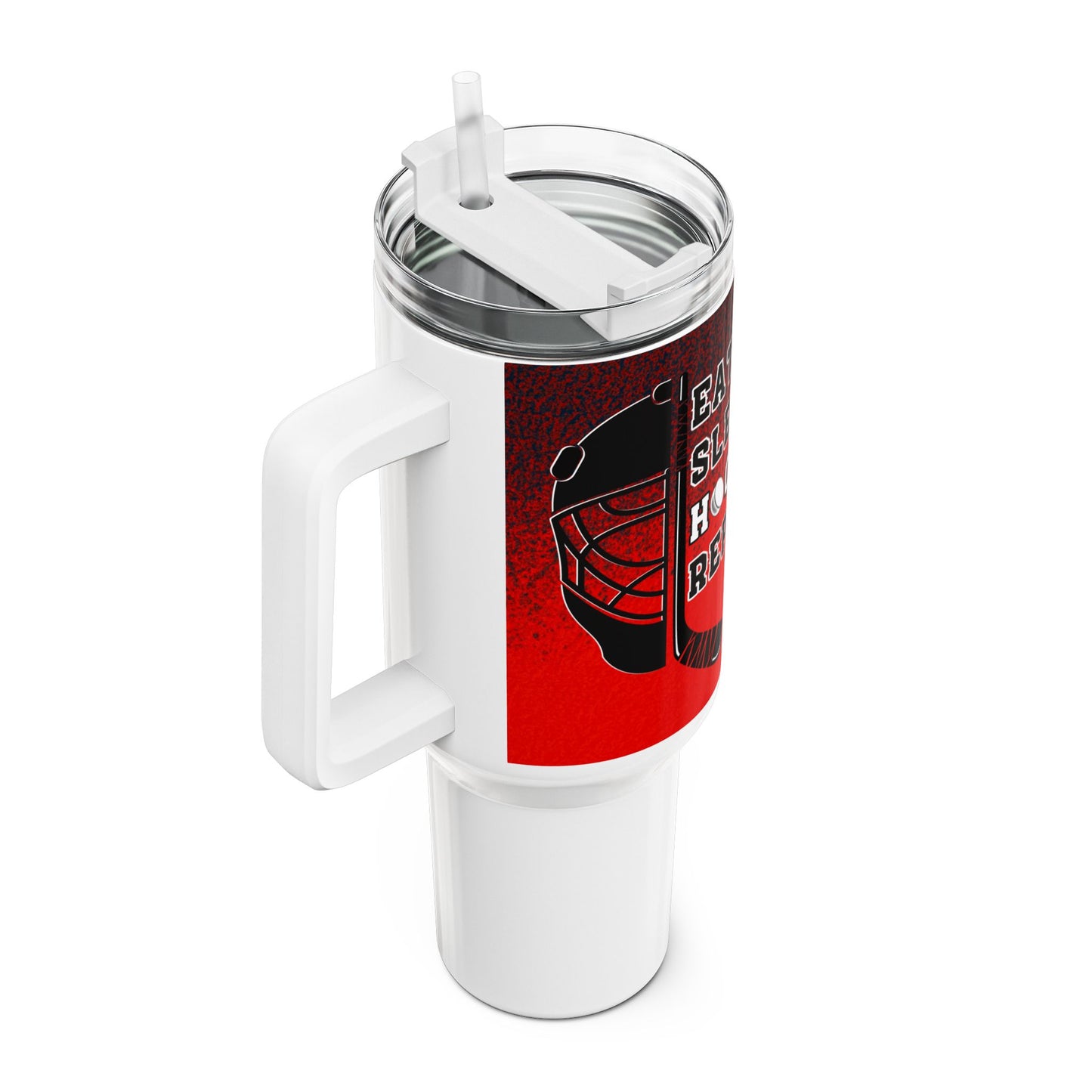 White travel mug with red and black design on a white background
