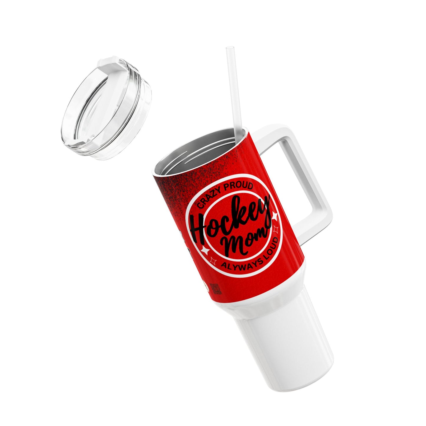 Red tumbler with 'Proud Hockey Mom' text on a white background