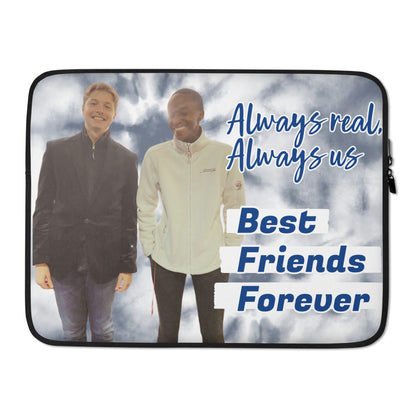 Laptop sleeve with two people standing together and text 'Always real, Always us. Best Friends Forever' on a cloudy sky background.