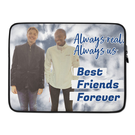 Laptop sleeve with two people standing together and text 'Always real, Always us. Best Friends Forever' on a cloudy sky background.