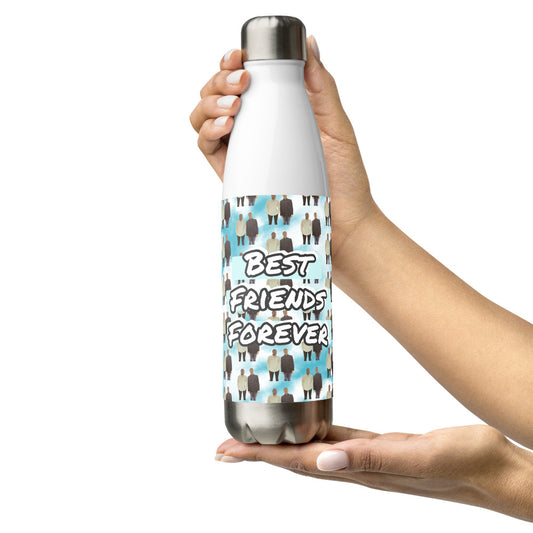 White water bottle with 'Best Friends Forever' design held by a hand on a white background