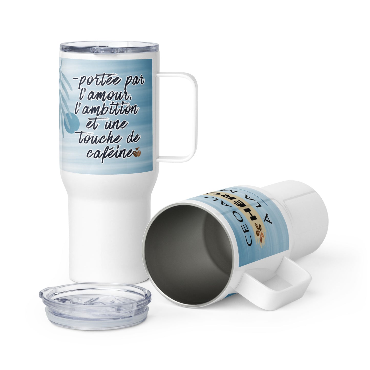 White travel mug with blue label and clear lid on a white background